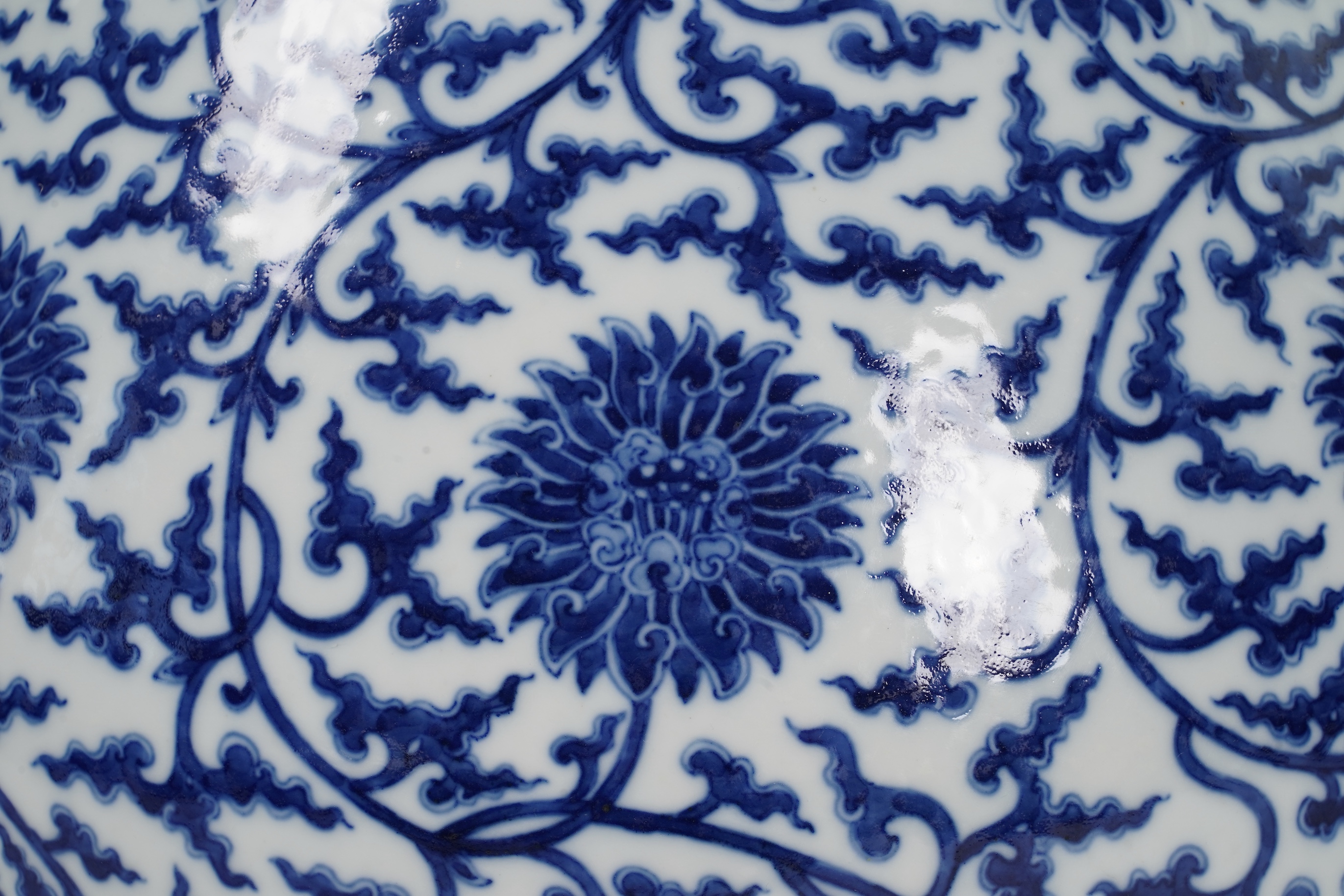 A large Chinese blue and white pear shaped vase, hu, Qianlong seal mark but later